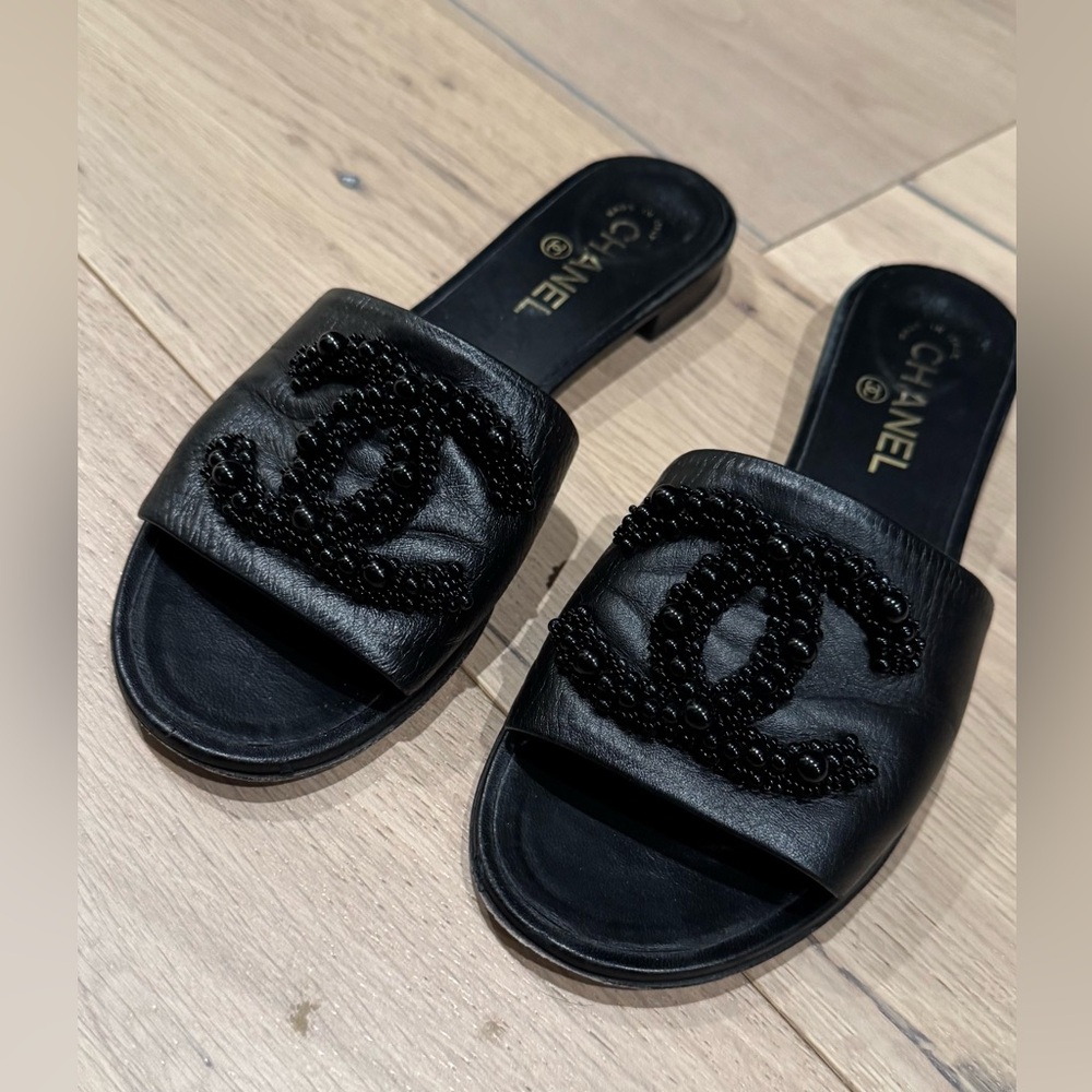 Chanel black beaded leather slides sandals flat